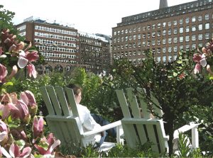 Entspannung und Besinnung im Klostergarten, links im Hintergrund die wiederaufgebauten Arkaden des Johanneums - Blick Richtung Speersort / Buceriusstrasse