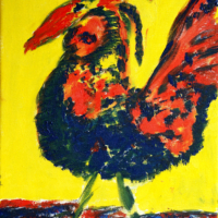 <b>"Schmunzelnder Hahn"</b><br />2003<br />Oel auf Leinwand, 40x30 cm<br />Preis: auf Anfrage<br />Werksnummer: MDiG101<br /> Schmunzelnder Hahn