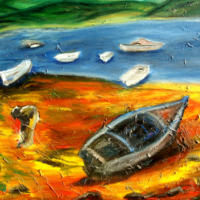 <b>"Muschelsucher"</b><br />Ria Formosa - 1997<br />Oel auf Leinwand, 60x80 cm<br />Preis: auf Anfrage<br />Werksnummer: MLaPo04<br /> Muschelsucher